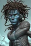 Placeholder: A young male water genasi with deep blue skin color, waterlike dreads on head. Shaolin monk with long stick weapon,