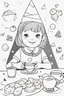 Placeholder: A little girl with a triangular party hat, enjoying a tea party with geometrically shaped cookies and cups. Use triangles for the hat, cookies, and other party decorations. very happy , Colloring page for todlliers ; basic hawali style cartoon , black and white , ink outlines , , smooth , anime style , minimalist , cute eyes , full body , white shose , sketchbook , realistic sketch , free lines , on paper , character sheet , clean line art high detailed