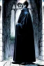 Placeholder: 7 year old boy, necromancer, friendly, looks dead,wearing black robes, with the lower body of a ghost in the style of Harry Clarke