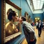 Placeholder: Mona Lisa comes out of the picture and kisses a young navy officer who is standing in the museum looking at her picture