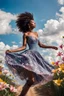 Placeholder: The camera zooms in, focusing sharply on very beautiful black girl with make up Lily wearing pretty dress as she dances gracefully in the same romantic environment with flowers and sky with nice clouds. Her joy and youth are presented against the backdrop of the surreal surroundings.