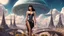 Placeholder: Photorealistic, full Body Photo Of An Exotic Sci-Fi Pin-Up Girl, With dark Hair with Bangs, on an alien Planet With Cloud Trees, Tall Spires, Buildings, Bridges, Arches