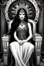 Placeholder: detailed beautiful goddess Hel with long black hair, pale white skin, detailed eyes, sitting on the throne of Helheim, inquisitive spirit | inspiration | dark colors, intricate detailing, surrealism, fractal hair, enigmatic villainess smile, dressed in complex chaotic fractal leather, artificial nightmares style, reflective eyes, detailed eyes, detailed art deco ornamentation, Cinematic lighting, Volumetric lighting,Photorealism, Bokeh blur, Very high detail, Sony Alpha α7, IS1900