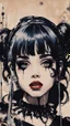 Placeholder: Poster in two gradually, a one side malevolent goth vampire girl face and other side the Singer Melanie Martinez face, full body, painting by Yoji Shinkawa, darkblue and sepia tones,