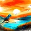 Placeholder: A stunning postcard drawn with a brush and in which kolorowe indyki gęśyou see a little bird that escapes and flies to freedom, to the distant and longing horizon that awaits it, brushstrokes gołębie