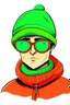 Placeholder: A yung caucasian shaved man with huge black sun glasses wearing a green winter hat, and a red t-shirt. Cartoon style.