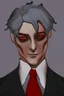 Placeholder: Realistic, red eyes, light skin, short black and gray hair, red earring, suit and tie clothing, gloves on hand