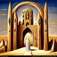 Placeholder: a gothic_arab gate:: Ancient stone temple with engraved runes:: by artist "Leonora Carrington", by artist "Tarsila do Amaral":: Cinematic lighting with shadows emphasizing the character's determination:: eye_level perspective::