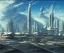 Placeholder: Spaceport on a heavy industrialized planet with a futuristic city in the background and a docked spaceship in the foreground, art by John Berkey, buildings with glass facades, Brutalist architecture, insanely detailed, vibrant, 8k uhd, cinematic atmosphere, ultra-wide angle, street level view, brush strokes, blue sky with clouds, sharp focus