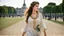 Placeholder: [an alluring 30 years old woman] goddess Aphrodite is a living being in flesh, she walks in linen tunic in the vibrant city of Paris, il the Tuileries, in front of Le Louvre, with olive green laurels leafs in her hear, she is lost and sad