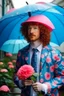 Placeholder: kind sailor, man, red curly hair, long jacket, pink-azure clothes, pink-azure cocked hat, white floral pattern on the jacket, flower in the hair. Pink and blue umbrella.