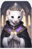 Placeholder: (anthropomorphic white ferret),dressed in ((cleric fantasy)) black clothes with silver holy ornaments, realistic anatomy, posing, cute face, fantasy inspire, fantasy church on background with warm sunshine lighty from behind, gloomy atmosphere, (((high angle shot))), purple armband, The holy icon style, RTX, praying, close eyes