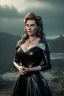 Placeholder: Kate Winslet as evil queen in black leather gown, cleavage, angry, stern look, unreal 5, octane render,cinema4d, dynamic lighting, dramatic lighting, 4k, redshift render, highly detailed, hyper realistic