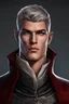 Placeholder: {{Man}}, Male, Olive Skin Tone, Short Hair, Silver Hair, Adult, {{Perfect blend of Alan Ritchson/Jack Reacher}}, {{Blue Eyes}}, Black/red Medieval Attire, Digital Art