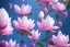 Placeholder: a magical crystal flower lotus magnolia lys bougainvillier, blue gold house russian palace castle in the woods, magnolias pink,blue lake,sun,white swanns,pink vertical, blue lake,sharp, vines, candlelit, endor, ornate, elegant, highly detailed, artstation, concept art, smooth, sharp focus, illustration, 8k, splash art, wallpaper, key visual