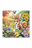 Placeholder: The cute bunny excitedly looks at a bright yellow sunflower in the colorful garden, the beautiful butterfly and friendly brown squirrel are in the picture, child book illustration style, faces must be the same as reference image