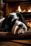 Placeholder: primer plano de un perro raza lhasa apso blanco y negro durmiendo frente a un hogar con leños prendidos