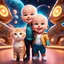 Placeholder: (masterpiece, best quality, 8k, RAW photo, beautiful and aesthetic:1.2), complex detail, Indirect light, photorealistic, (((full body))), 2 Cosmic Boss Baby style bald boy and girl smiling, long curved blonde hair , with a ginger cat companion, colorfull Sci-Fi environment