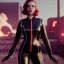 Placeholder: retro sci-fi portrait image from 1960, supermarket parking explosion, fire, classic black widow, young Scarlett Johansson, classic black tight lycra latex suit, retro superhero style, soft color, highly detailed, unreal engine 5, ray tracing, RTX, lumen lighting, ultra detail, volumetric lighting, 3d, finely drawn, high definition, high resolution.