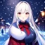 Placeholder: Clear focus, 8k, high quality, detailed, beautiful lighting, girl, vibrant colors, white long hair, vibrant red eyes, snowing, winter clothes,