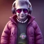 Placeholder: Rabbit toddler, smiling, steampunk headphone, sunglass, gangsta neckless, full body, magenta puffer jacket, manila city background, dramatic lighting, hyper realistic, unreal engine 5, 16k