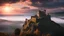 Placeholder: low-level shot of a ruined fantasy castle overlooking a valley, on a cliff top, after sun down, clouds glowing
