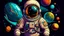 Placeholder: Illustre moi un astronaute dans l'espace. On doit le voir en plan centrale avec dans le fond l'espace, avec plusieurs planètes et étoiles. Le thème des couleurs doit rester dans les codes couleurs de l'espace. Fait un style réaliste.