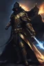 Placeholder: A commander with a black cloak and a long coat with long combat boots and a long spear with his Helmet is golden under his cloak like assasins With a magical power in his hand and a white anklet and boots With blue flame eyes