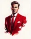 Placeholder: Create a compelling image featuring a man in a red suit with a dapper expression against a white background. Specify a hand-drawn style with bold strokes, emphasizing the meaning of the subject. full head. Ensure the composition captures the essence of elegant expression, creating a visually striking and impactful scene through the use of hand-drawn strokes. Vista frontal