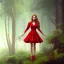 Placeholder: Girl with red dress in a magic forest, surrealism