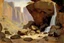 Placeholder: Sunny day, rocks, sci-fi, fantasy, waterfalls, rocky land, mountains, friedrich eckenfelder and alfred stevens impressionism paintings