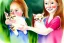 Placeholder: A cute smiling Norwegian girl is holding a kitten. Watercolour