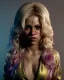 Placeholder: portrait, Shakira, blonde artist, angry, Realistic image, MMA robe, hoodie, mma gloves, loose long hair, eyes make up, gold line make up, moisture, sweat, fog, Neon colors, leds. Black background, photo studio, concept art, smooth, unreal engine 5, god lights, ray tracing, RTX, lumen lighting, ultra detail, volumetric lighting, 3d, finely drawn, high definition, 4k.