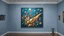 Placeholder: a painting displayed in a room, interconnections, cornucopia, blue atmosphere, chaotic composition, interconnected human life forms