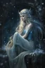 Placeholder: Elven princess,elven crown,long blonde golden hair,rapunzel hair,ice flowers,beautiful,light blue,dark blue,golden armor,sparkle,glitter,ice flowers,snow,elven ears,dark fairy princess