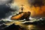 Placeholder: Oil painting in Rembrandt style of a container ship in rough weather