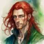 Placeholder: dnd, fantasy, watercolour, large strokes, stylistic, portrait, illustration, dull colours, male, face, narrow long face, weathered face, green eyes, determined, smiling, red hair, very long hair streaming down the shoulders, lush hair, radiating light, five o'clock shadow, elegant, small mouth