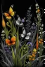 Placeholder: colorful, iris wildflowers and butterflies on pale black space paper, very detailed illustration, sketch, concept art, ink outlines, smooth