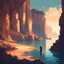 Placeholder: A Bay nestled among protective waters and cliffs with a mysterious knight overlooking it, in warm glow art style