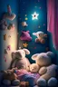 Placeholder: In a cozy child's room, nestled between colorful walls and fluffy pillows, lived a group of enchanting toys who magically came to life each night. Plushie the Sheep, Stardust the Star, Bubbles the Bunny, and Snuggles the Teddy Bear were the best of friends.