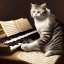 Placeholder: A cat that looks like Wolfgang Amadeus Mozart is playing Piano. Background Music notes are dancing. Immpressionism