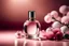 Placeholder: top shot of a perfume bottle on a pink table with flowers, gray spheres in the background, product photography in style of Kodak Portra — style raw — q 2 — s 250 — v 5.2 — ar 9:16