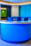 Placeholder: A circular blue reception desk with three chairs