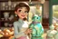 Placeholder: 3D video game character elegant young woman enthusiastically and cheerfully buying an iridescent green china cat in the china shop in sunshine