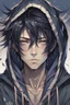 Placeholder: Anime man in hood messy black hair realistic feathera