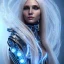 Placeholder: A beautiful portrait of a cute smiling cyberpunk woman, long blond platinum hair, high key lighting, volumetric light high details with blue and white stripes and feathers and white celtic paterns, beam starry background