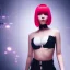 Placeholder: Cyberpunk graphics, android beautiful woman soldier, blue eye ball, red short hair, fine face, smile pink lip, girl ears, sexy petite body, white skin, wearing fit fully metal uniform, urban place background