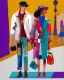 Placeholder: whimsical arafed nonsense, patchwork vibe, a young woman and a young man are strolling down a rainy whimsical downtown street with their arms linked, (((exaggerated body parts))), (((oversize head))), sharp color contrasts, amazing shadows, (((exaggerated limbs and head))), minimal cozy, warm palette, bright bold warm summer colors with yellow orange black colors, color leak, heavily distorted views, amazing parallels