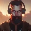 Placeholder: Short Beard Dj Headphones Christian Boshell cinematic photorealistic futuristic style, hints of overwatch and michelangelo, beautiful robot, post-apocalyptic in a cyberpunk city, realistic, intricate detail, sci-fi fantasy style, volumetric lighting, particles ,highly detailed