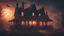 Placeholder: Atmospheric Halloween scene with a hauntingly serene house at sunset